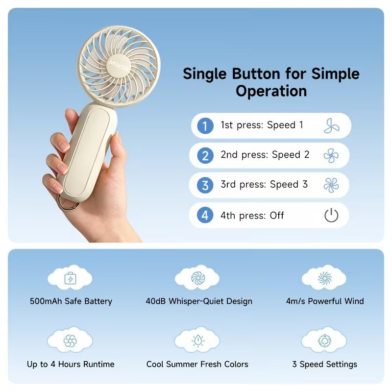 3-Speed Rechargeable Battery Handheld Fan(with Carabiner Clip）